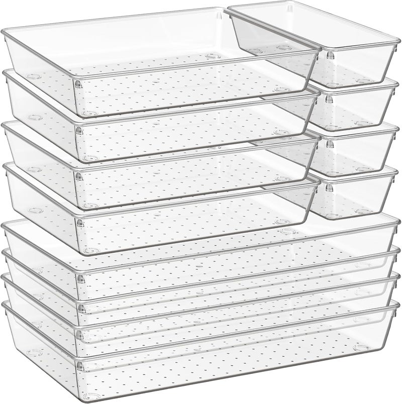 Criusia 12 Pack Large Clear Plastic Drawer Organizer Trays | MULTI-USE Acrylic Drawer Storage for Kitchen, Bathroom, Makeup, Office, School, Undies | College Dorm Room, Home Apartment Essentials - Image 1